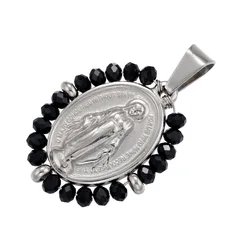 Elegant Virgin Mary Pendant Necklace | Stainless Steel Pearl Beaded Choker in Gold and Rainbow Tones (Silver Black)