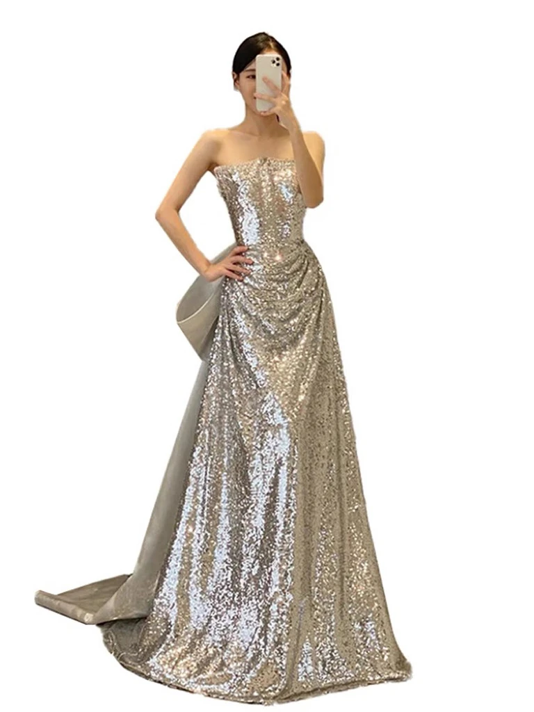 Amazon Vestido Brillante Plateado Vestido Largo Con Lentejuelas