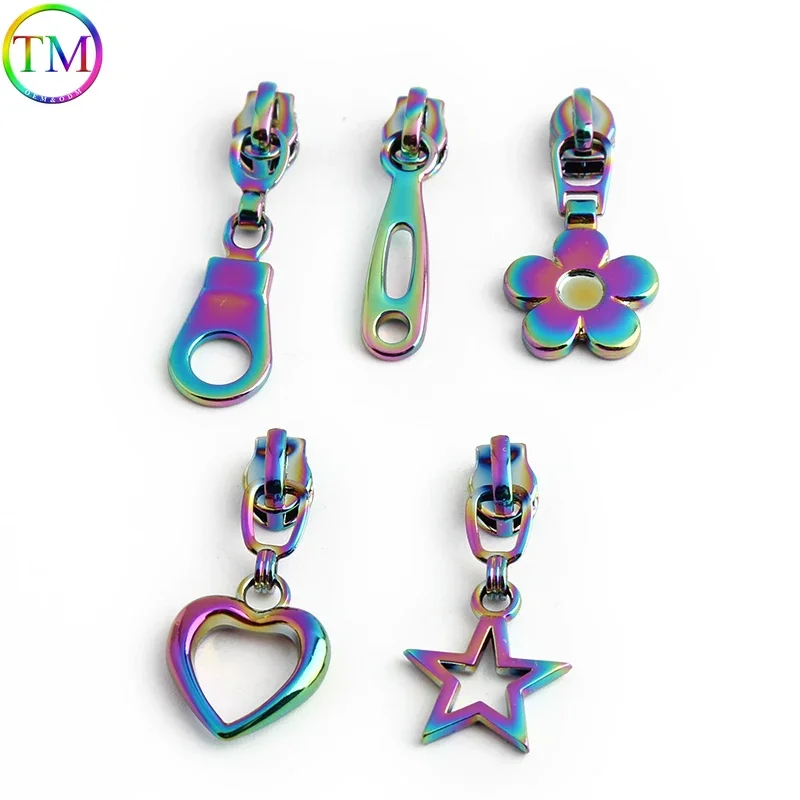 15-200PCS Rainbow Heart, Flower Shape 3# Nylon Zipper Puller Head For Bag Pocket Zips Puller Repair Kit Decorative Accessories