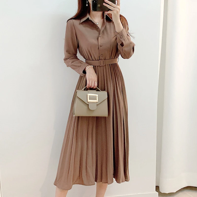 

Korean Elegant Single Breasted Dress for Women Vintage Turn Down Collar Long Sleeve Dresses Women's Slim Waistband Pleated Dress
