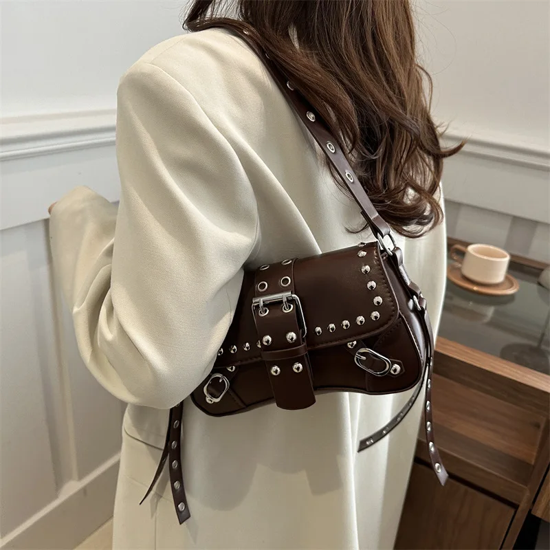 Shoulder Bag for Women Punk Style Purse PU Leather Rock Fashion Handbags with Rivet Small Trendy Armpit Purse Bolso Mujer сумка