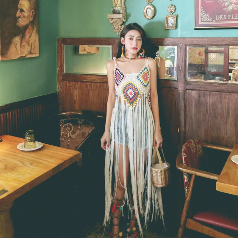

Crochet Hollowed Out Tassel Multi-color Suspender Dress For Summer Women