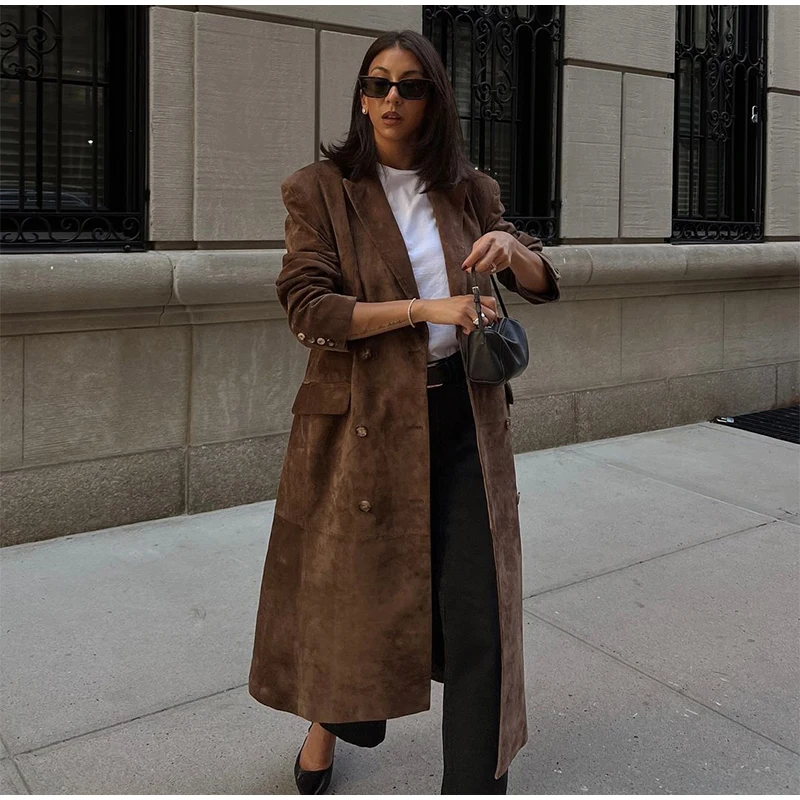 Fashion Lapel Suede Long Jacket Women Elegant Oversized Double-breasted Trench Overcoat Autumn Lady Commute Outerwear New