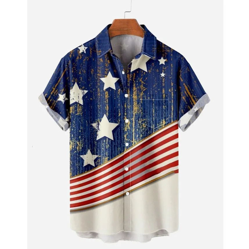 

Vintage Shirt Men 2023 Vacation Short Sleeve Shirt Hawaiian Shirt Stars and Stripes Shirt Independence Day
