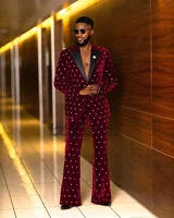 Customized Velvet Men Suits Luxury Beaded Crystals Wedding Groom Tuxedos Slim Fit Male Prom Blazer 2 Pieces Sets Costume Homme 1