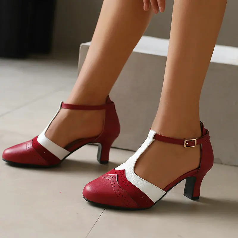 Female Sandal Block Heels Retro Woman Shoes Girls Chunky Original High Low Beige Outside Comfort Closed Casual Buckle Strap Rubb