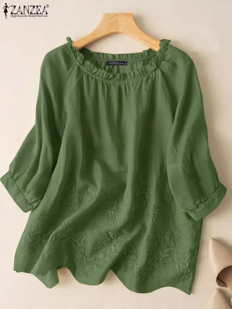 

Блузка ZANZEA женская с круглым вырезом, Повседневная Свободная рубашка с однотонной вышивкой, Элегантная сорочка с оборками и рукавом 2024, в винтажном стиле, лето 3/4