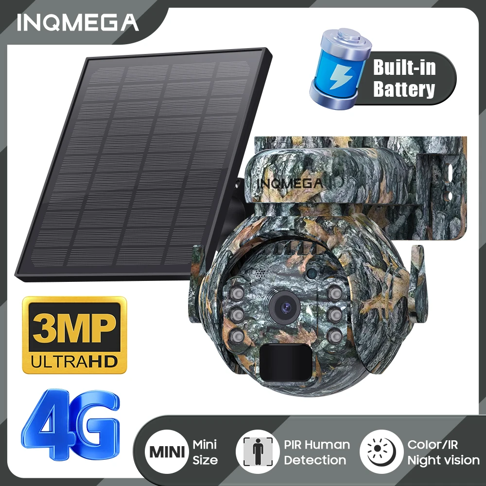 INQMEGA 3MP Solar Camera 4G Sim/WIFI Wireless Outdoor Dual Lens View Animal Monitoring Camouflage Solar Battery PTZ PIR Camera