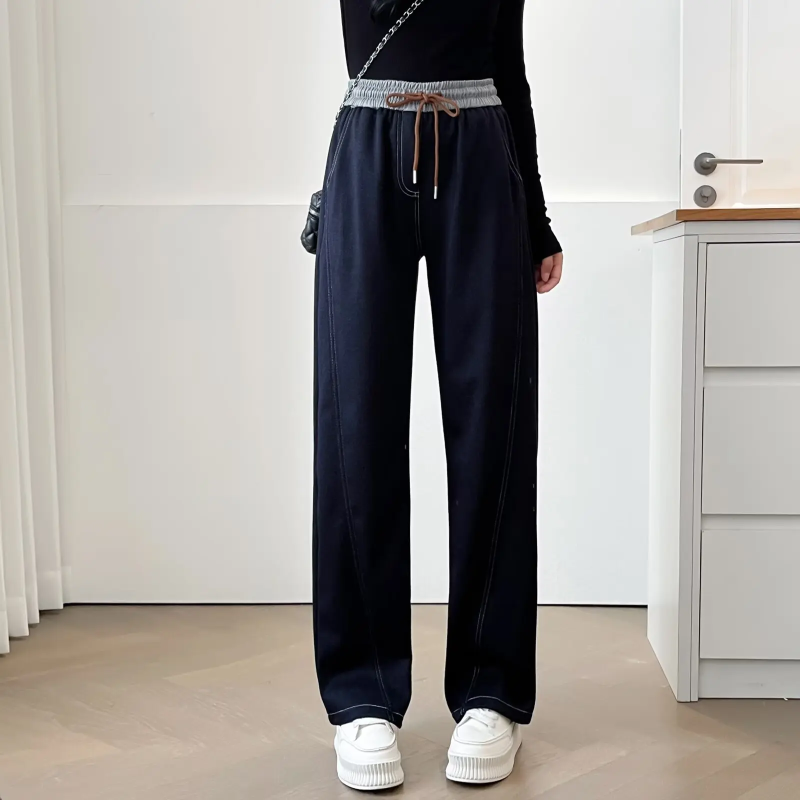 XXXXL Fashion Plus Size Women's Straight Leg Pants Winter Block Color Waist Thickened And Fleece Warm Curved Casual Trousers 887