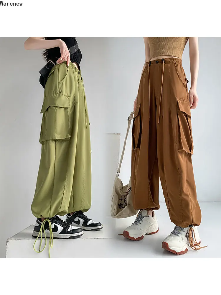 

Women Y2k Hip-hop High Street Casual Overalls Solid Color Loose Wide Leg Pants American Retro Drawstring Cargo Oversize Trousers