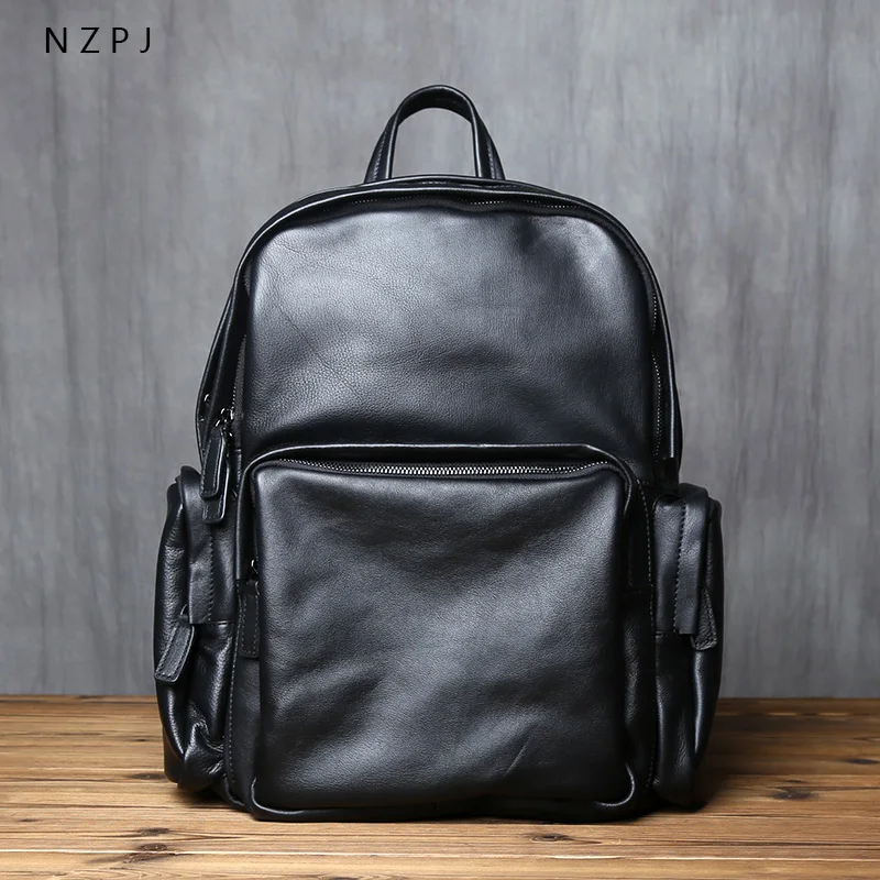 NZPJ Leather Men's Backpack Natural Cowhide Schoolbag Casual Travel Bag Black Fashion Computer Bag Capacity 16 Inch Laptop