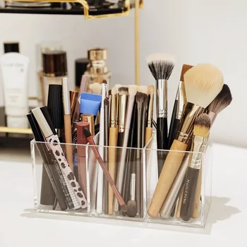 Transparent 3-grid makeup brush holder organizer acrylic desktop multifunctional pen holder cosmetics storage box