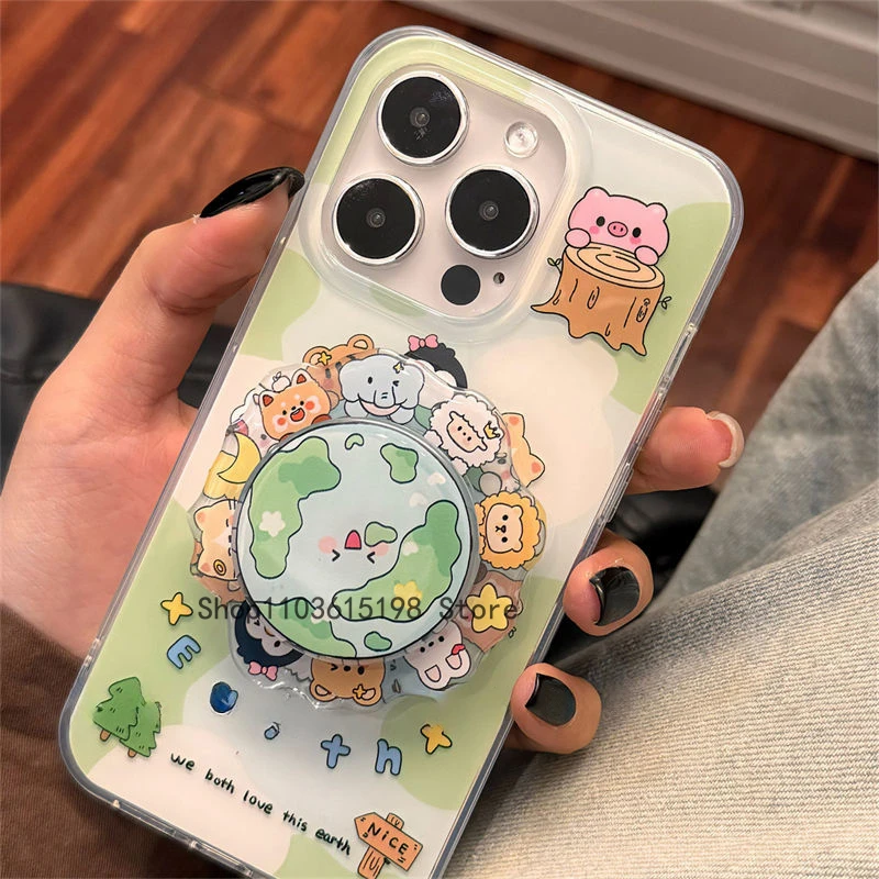 Support de téléphone avec poignée de terre rotative, dessin animé coréen mignon, Griptok pour iPhone 16 15, accessoires de téléphone universels, support de doigt