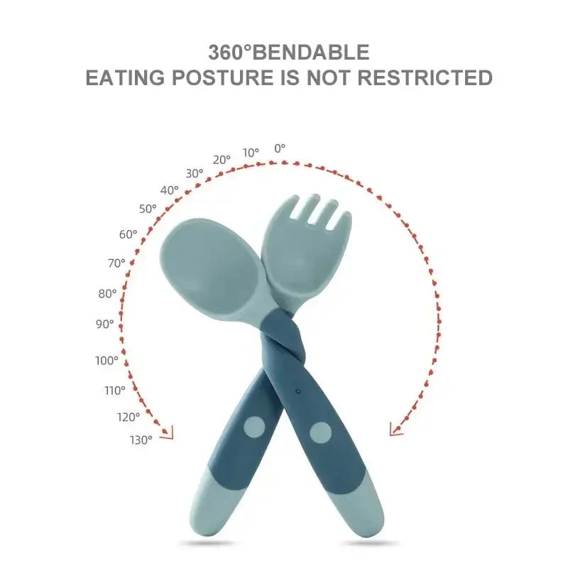 1 Pair Silicone Spoon for Baby Bendable Soft Fork Children Feeding Training Tableware Silicone Soft Fork Spoon Set Tableware 2
