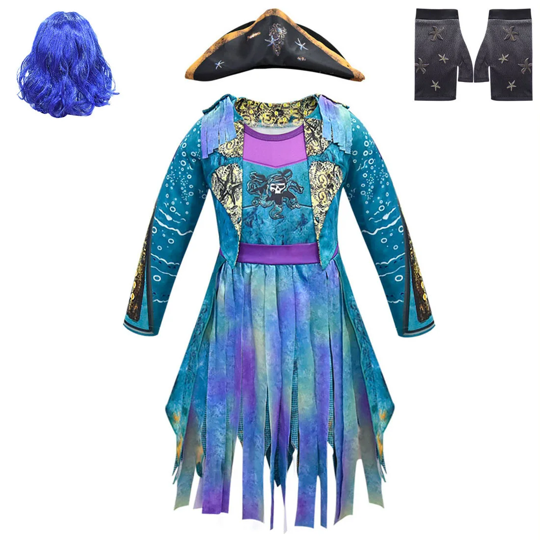 Kids Movie D-Descendants 3 Mal Evil Pirates Uma Cosplay Costume for Girls Cosplay Dress Hat Wig Fancy Dress Up Halloween Costume cosplay costume,kids girls dress,halloween dress outfit