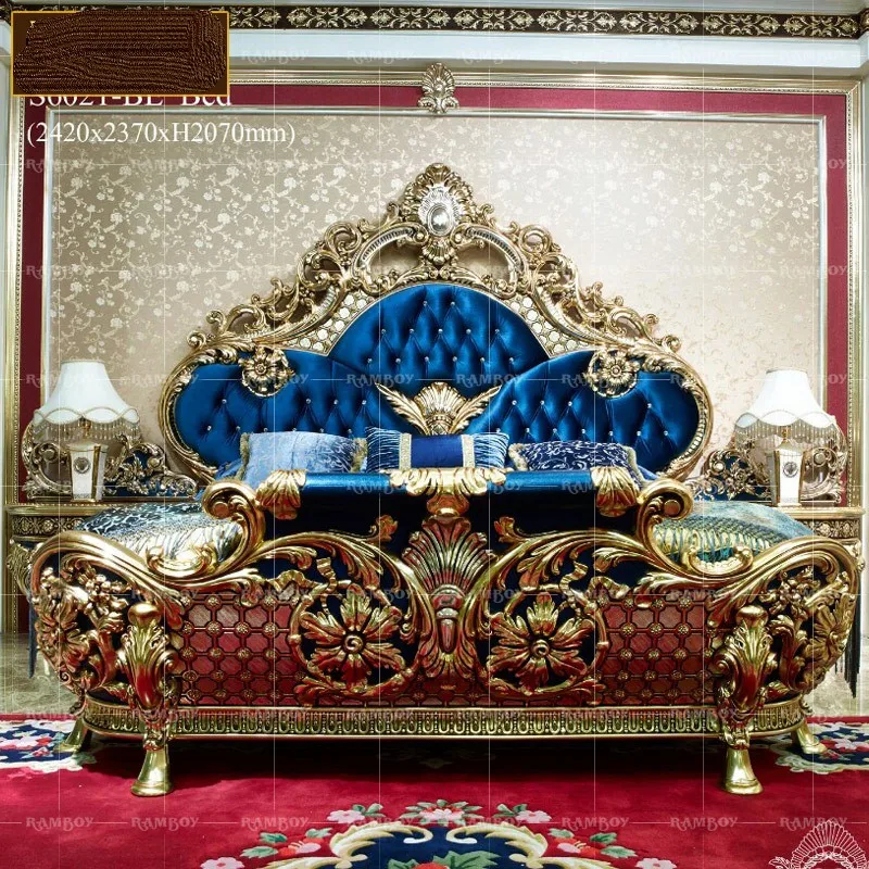 

Custom Bedroom Furniture European Luxury Solid Wood Carved Fabric Double Bed Royal Palace Prince Princess