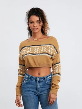 Women Cute Cropped Sweaters Casual Print Warm Long Sleeve Pullover Basic Knitwear for Fall Streetwear 3