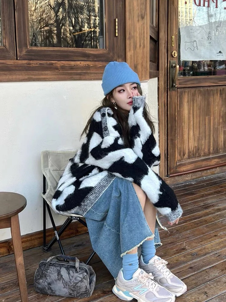 

Vintage Zebra Stripe Mohair Knitted Pullover Korean Fashion Loose Casual Sweater Ins Blogger Same Style Contrasting Color Top