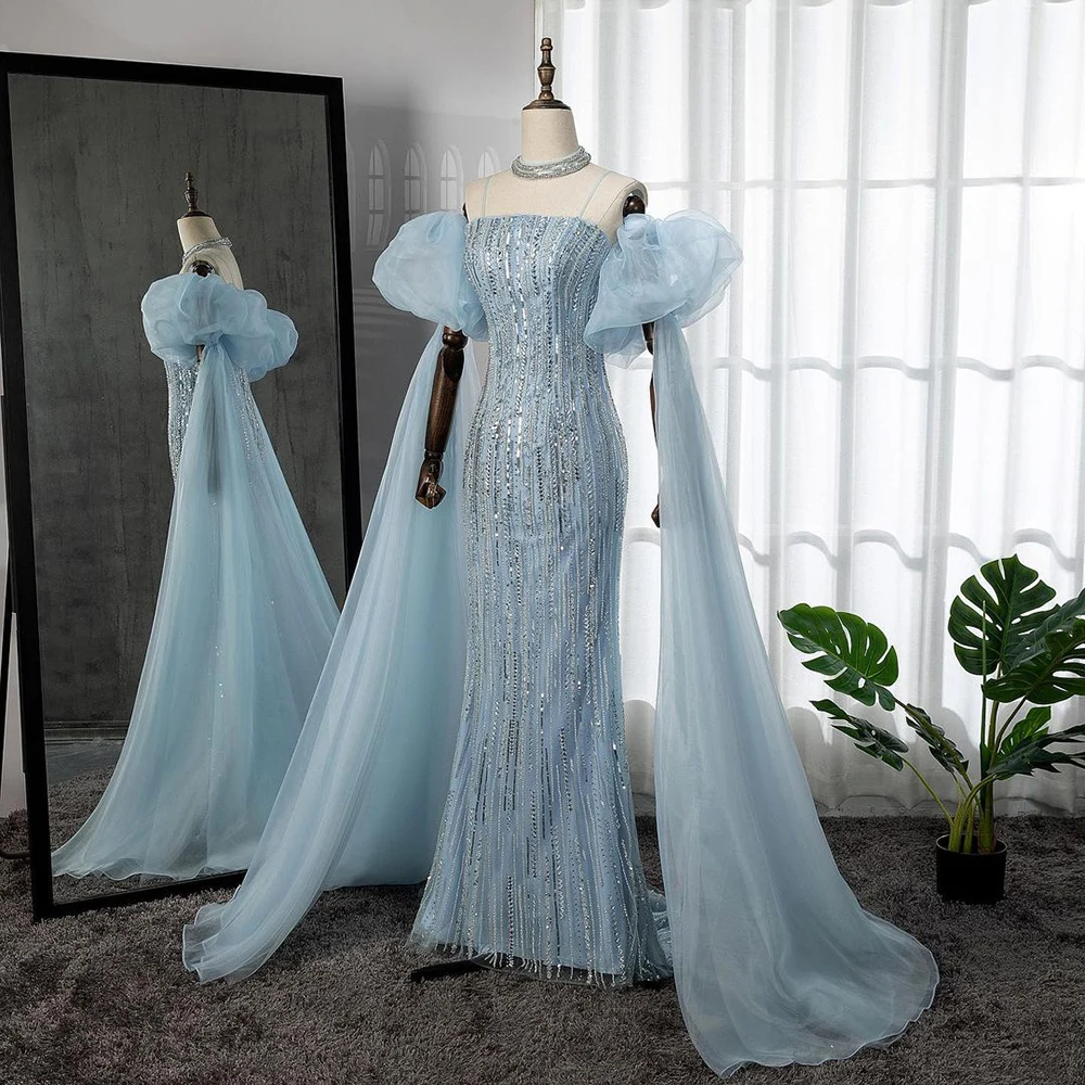 S83241751e6c44dbc8dc23d01a4544a33X Blue Sexy Strapless Mermaid Sparkly Puff Sleeves Crystal Beaded Evening Dresses Gowns For Women Party Mallzona