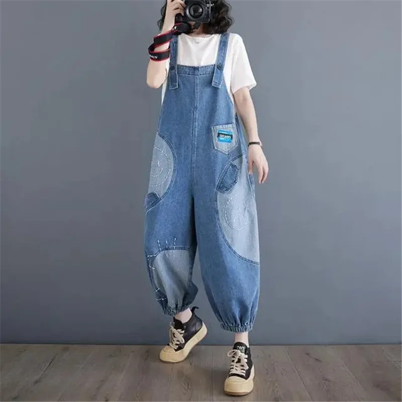 

Women's 2024 New Summer Loose Casual Fashion Streetwear Denim Jumpsuit Versatile Embroidered Literary Washed Vintage Overalls