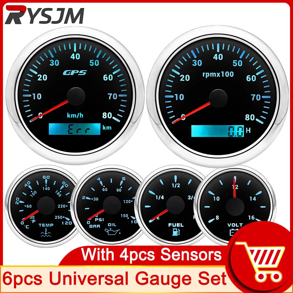 Hd 6 Gauge Set 85mm Gps Speedometer With Tachometer With Sensor + 52mm