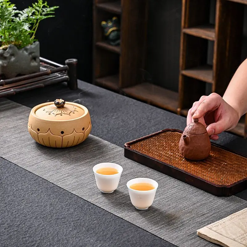 Coarse Ceramic Lotus Shape Incense Burners, Retro Indoor Aroma Rack, Chinese Zen Tea Living Room Decor Home Fragrance Stove, 1Pc