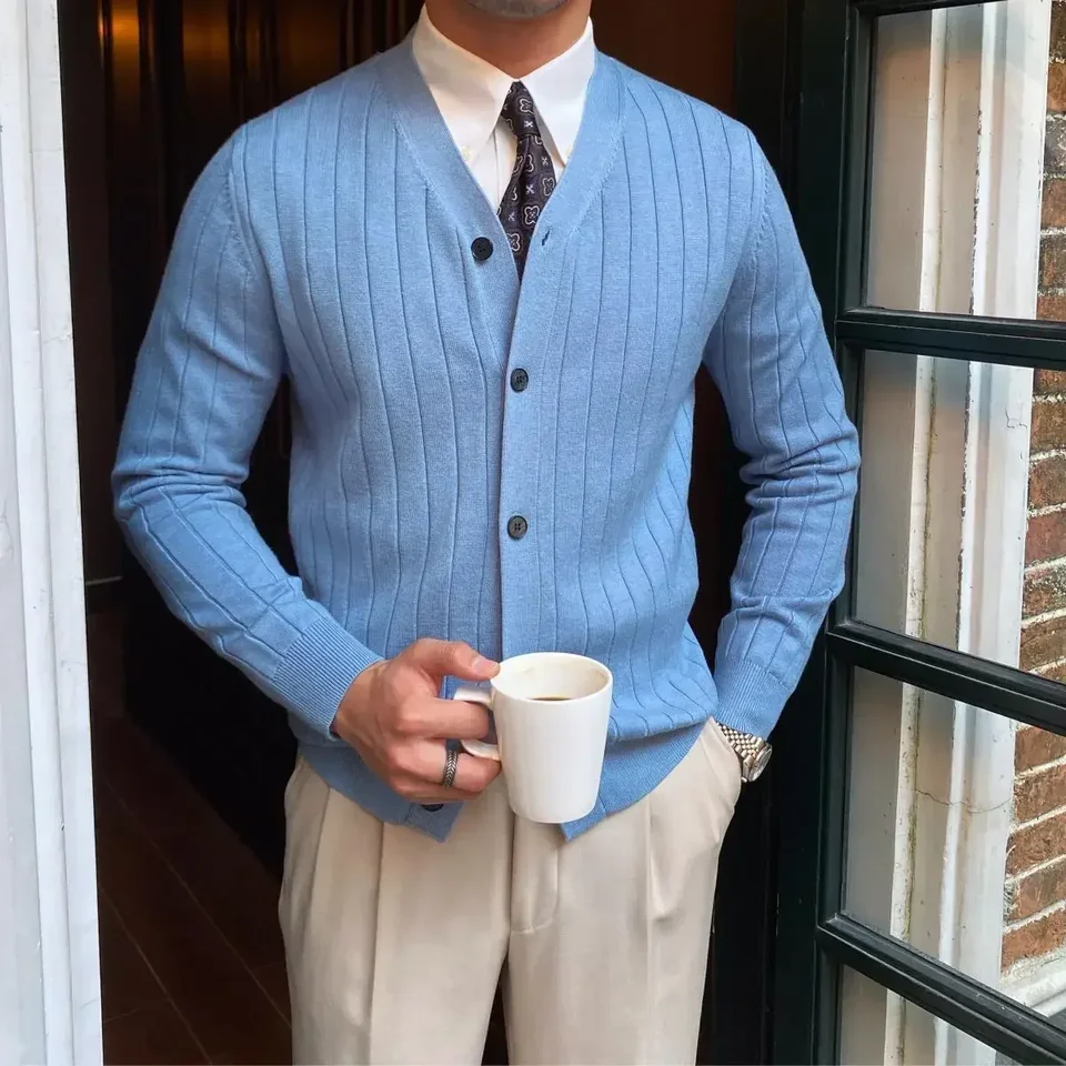 Runcati Maglione da uomo con scollo a V, lavorato a maglia, tinta unita, invernale, casual, a maniche lunghe, stile business basic, Beige, XL
