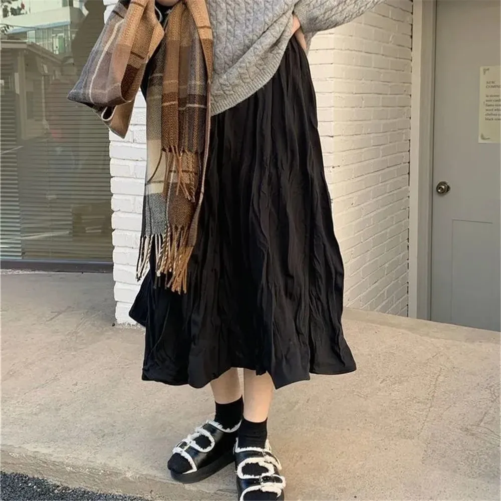 Japanese Elegant Irregular Wrinkled Long Skirt Women High Waist Wrinkled Black White Pleated Skirt 2022 Korean Gothic Midi Saia