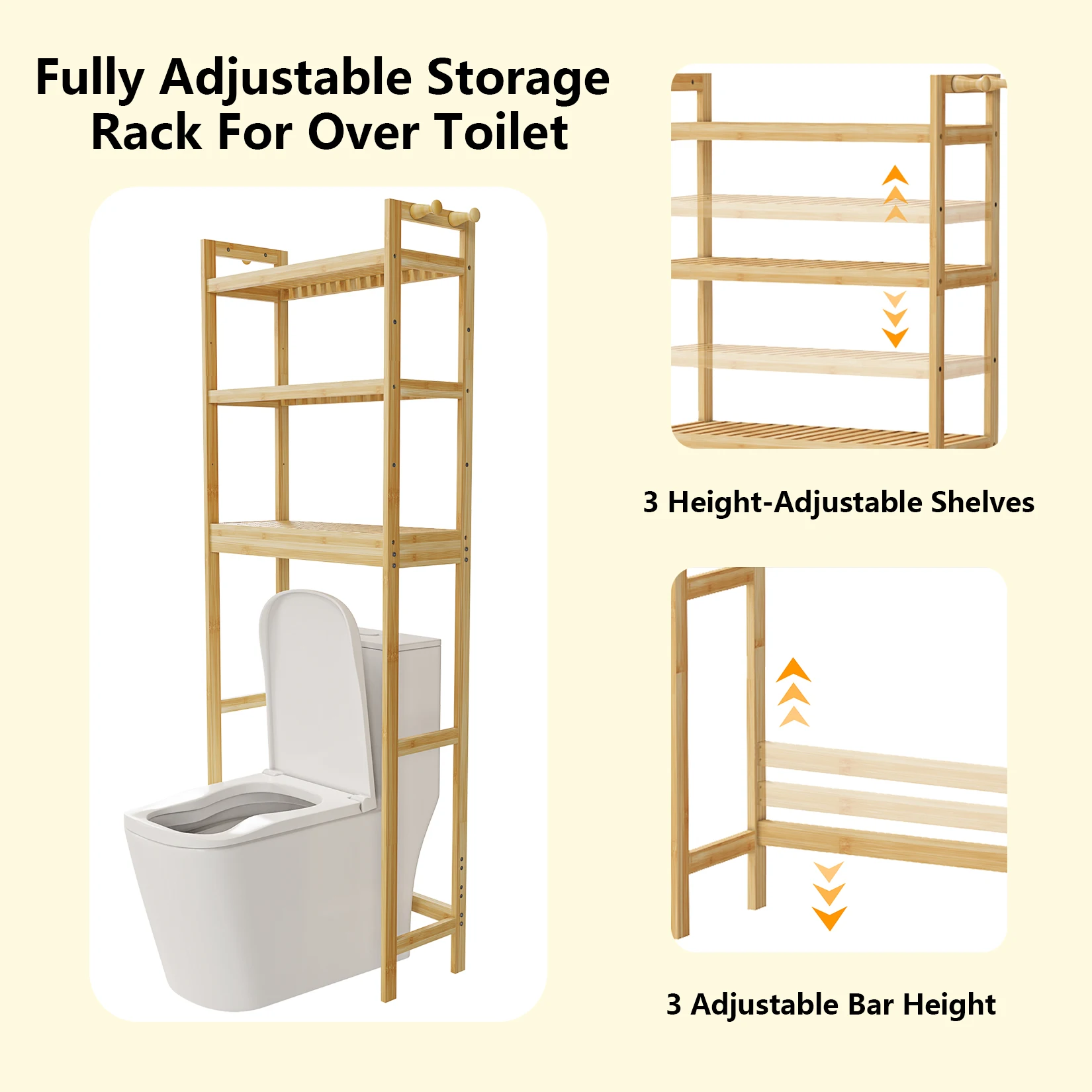 Bamboo Bathroom Finishing Rack With Hook and 3-Layer Height Adjustable Shelf Stable Durable Saving Space Laundry Room Bathroom 5