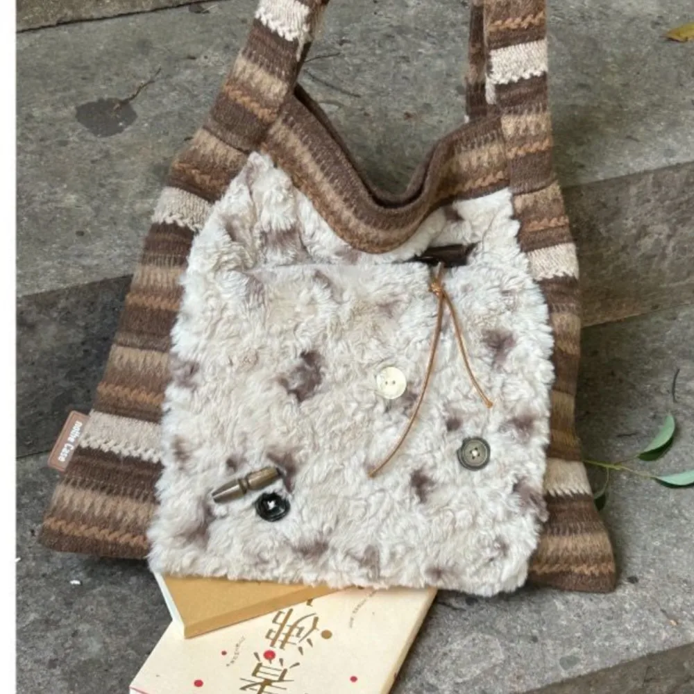 JIAERDI Retro Stripe Tote Bag Women 2025 Harajuku Plush Patchwork Soft Casual Handbag Female Large Capacity Shoulder Bags Bolsos