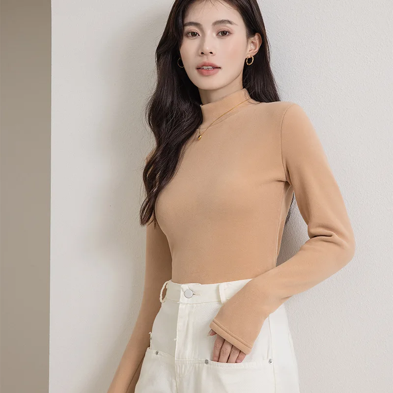 2023 Autumn/Winter New Half High Collar Solid Color Plush Thickened Thermal Undercoat Korean Fit Long Sleeve Thermal Underwear