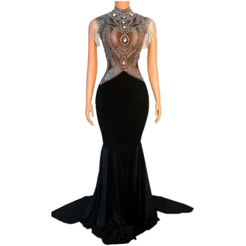 

Silver Rhinestones Black Velvet Trailing Long Dress Women Singer Host Model Evening Party Catwalk Outfits Birthday Prom Costume