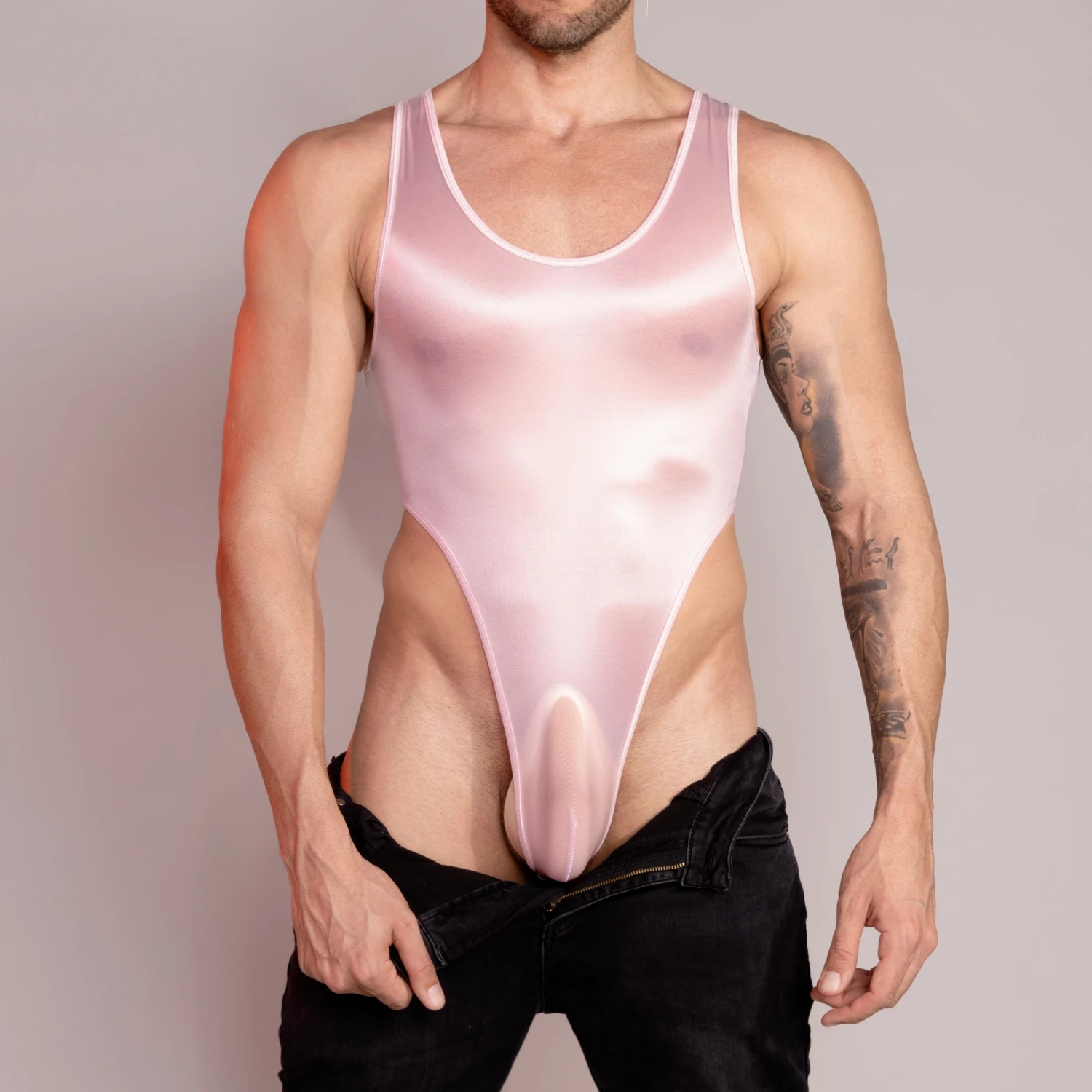 Men's Sexy Bodysuit High Cut Oil Glossy Rompers Stretchy Rompers Ultra Thin Playsuits Sheer Soft Ice Silk Sleepwear