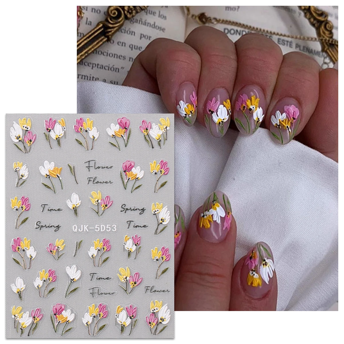 3개입 핑크 퍼플 오렌지 5D 엠보싱 플로럴 네일 스티커 - 봄 신선한 꽃밭 & LOVE 레터 네일 데칼 - 봄 다이용
