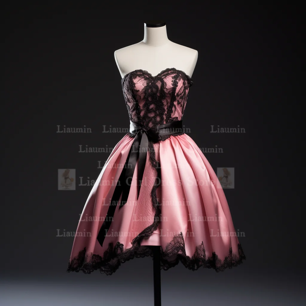 Pink Satin and Black Lace Edge Applique Strapless Short Length Lace Up Back Evening Dress Brithday Homecoming Clothing W1-21