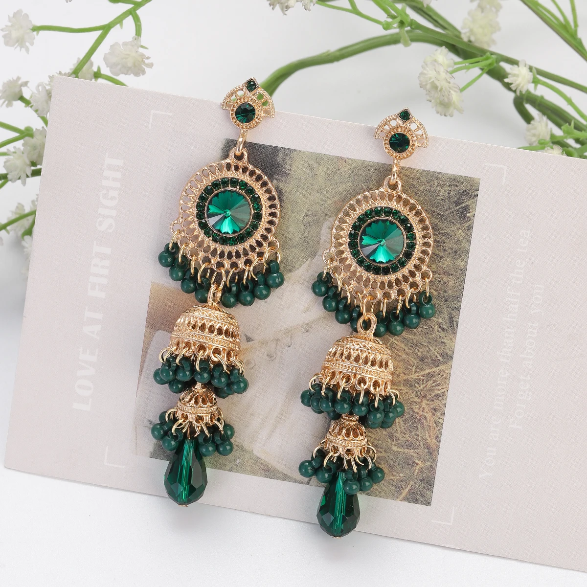 Orecchini Pendenti Lunghi Con Nappe E Strass Glitter Oro Boho - Color