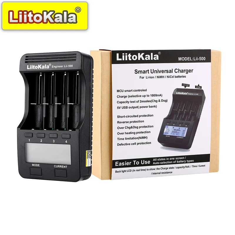 LiitoKala Lii-500 3.7V 3.85V Li ion 1.2V Ni MH rechargeable LED display 0.3A 0.5A 0.7A 1.0A 12V2A 18650 Smart Charger USB output battery charger