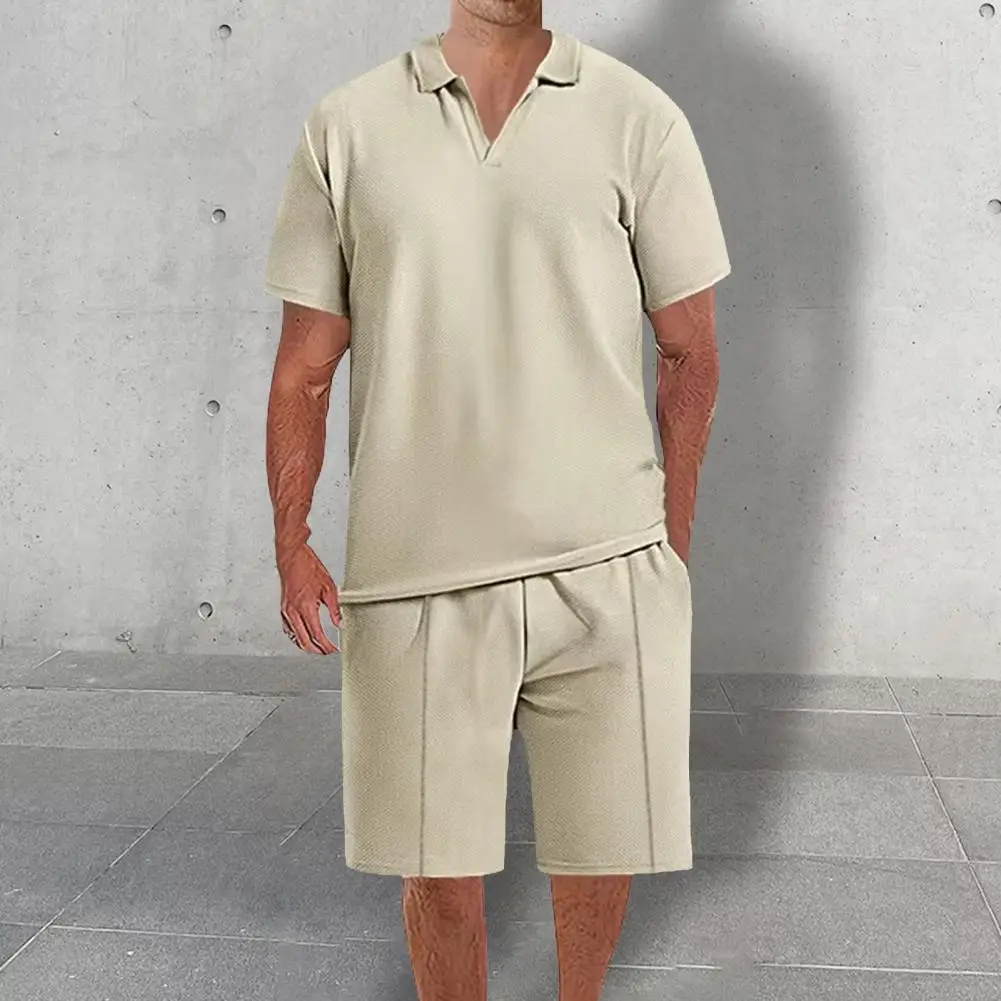 

Men T-shirt Shorts Set Men's Summer Outfit Set with V-neck T-shirt Wide Leg Shorts Elastic Waist Drawstring Waffle Texture