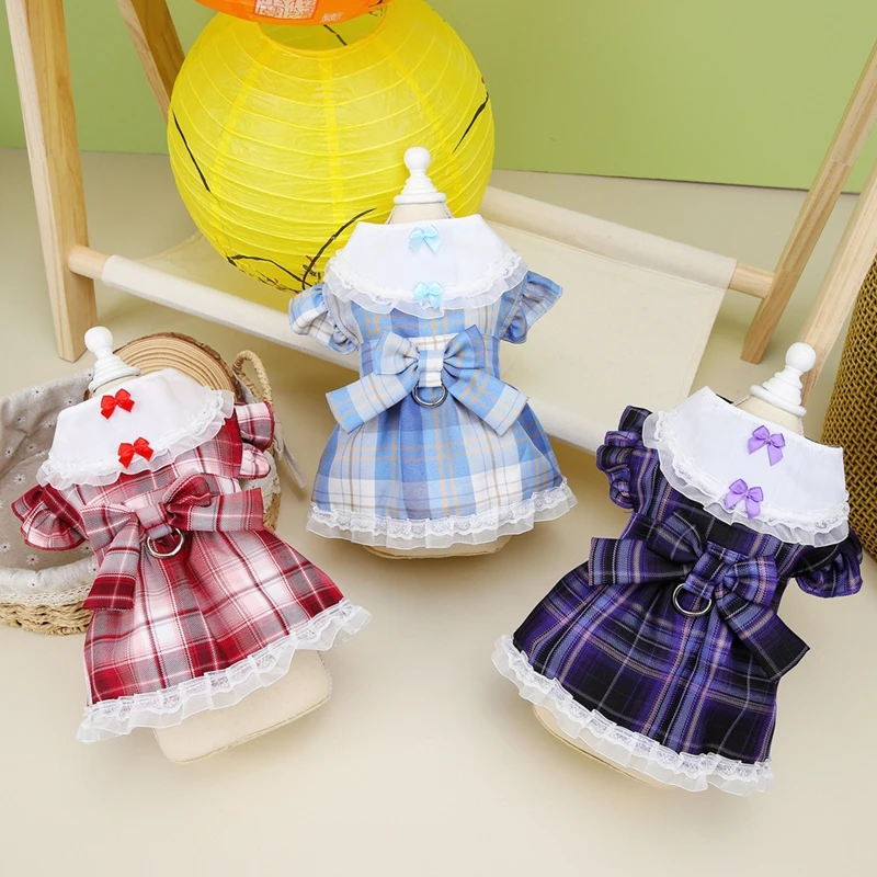 Pet Dog Summer Thin Clothes Plaid Printed Ruffle Sleeves Lace Collar Dress Small Dog Fashion School Style Clothing Pet Supplies