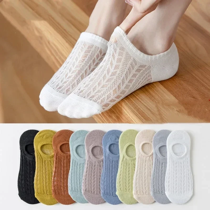 10 Pairs/Lot Woman Hollow Out Pure Color Silicone Non-Slip Short Sock Thin Socks Loafer Low Cut Boat Breathable Invisible Socks