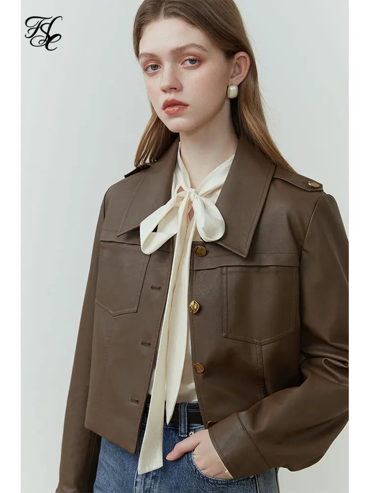 Fsle Pu Leather Women Short Jackets Retro Brown Front Shoulder Leather