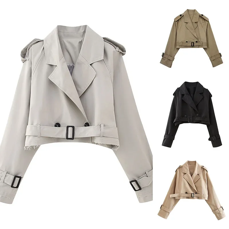 Women's Short Jacket Khaki Cropped Trench Coat Lapel Collar Top Long Sleeve Jackets with Belt Female Coat Spring Streetwear cjfhje vintage cropped faux fur coat women elegant stand short fluffy jackets winter streetwear korean casual plush overcoat new