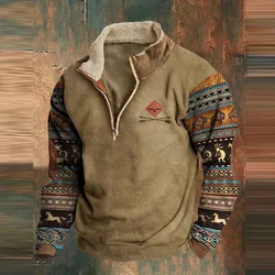 Vintage Graphic Print Patchwork Sweatshirt Mens Hoodie Casual Loose Long Sleeve Sweatshirts Fall Fashion Zipper Stand Collar Top