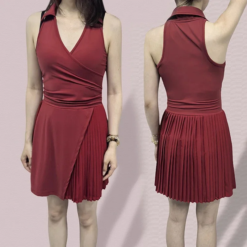 Tennis Wear for Women Spring and Summer Sleeveless Polo Shirt Dress Pleated Skirt French V-Neck Sports Casual Dresses