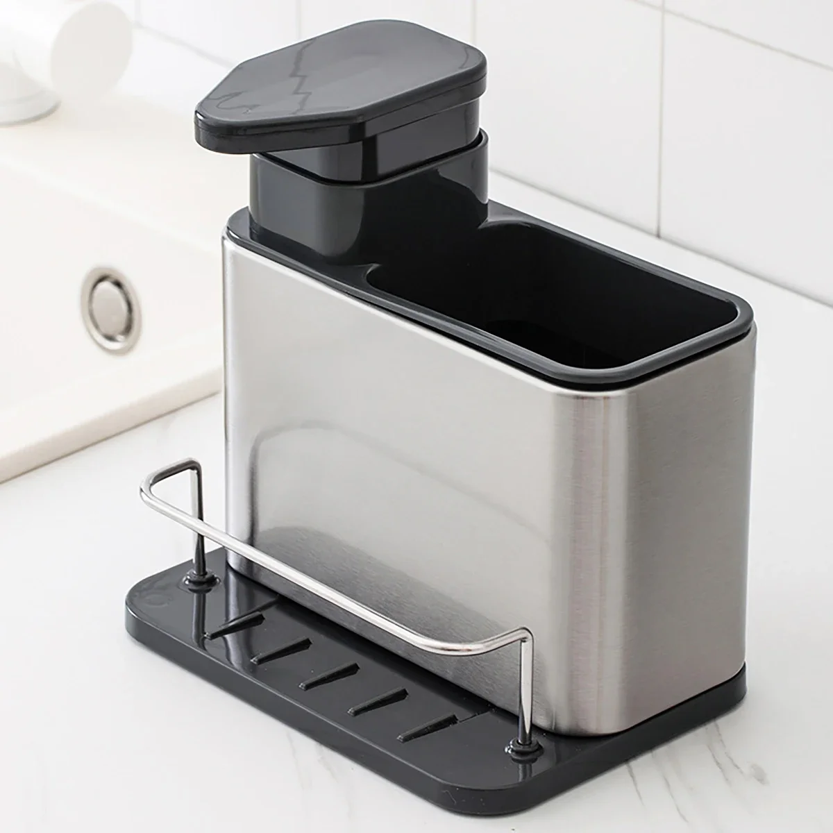 Stainless Steel Kitchen Cleaning Organizer Detergent Dispenser & Sponge Holder Easy to Clean Compact size Fits the sink 3-in-1