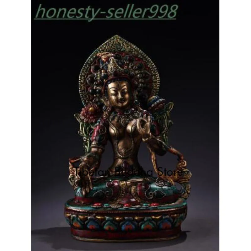 

12.4"Tibet temple bronze painted turquoise gem White Tara Kwan-Yin Buddha statue