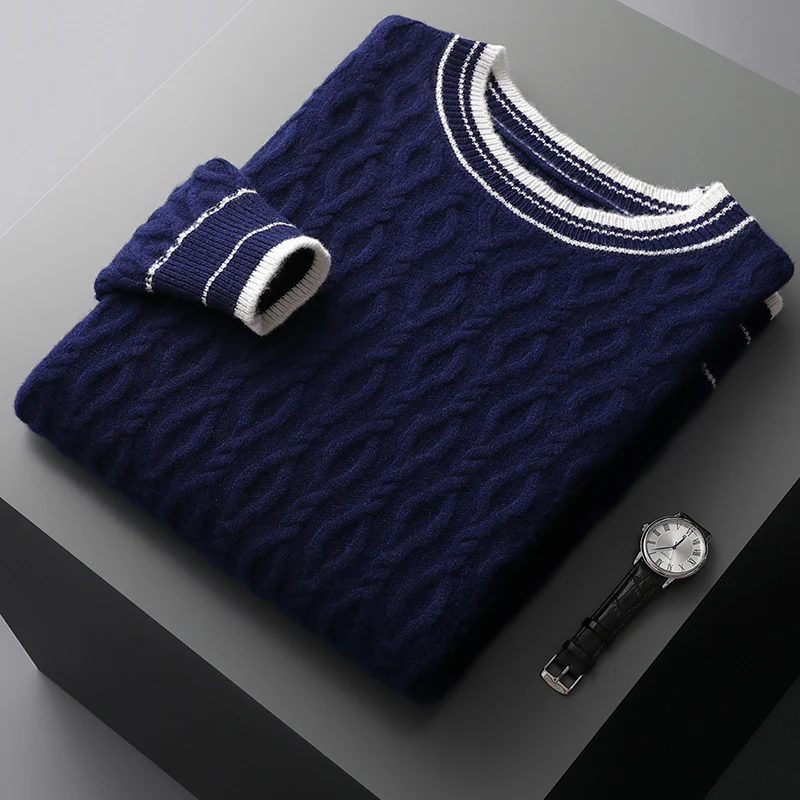 Autumn and winter men's O-neck sweater black and white stripes contrast thick sweater 100% wool sweater knit bottoming shirt 2