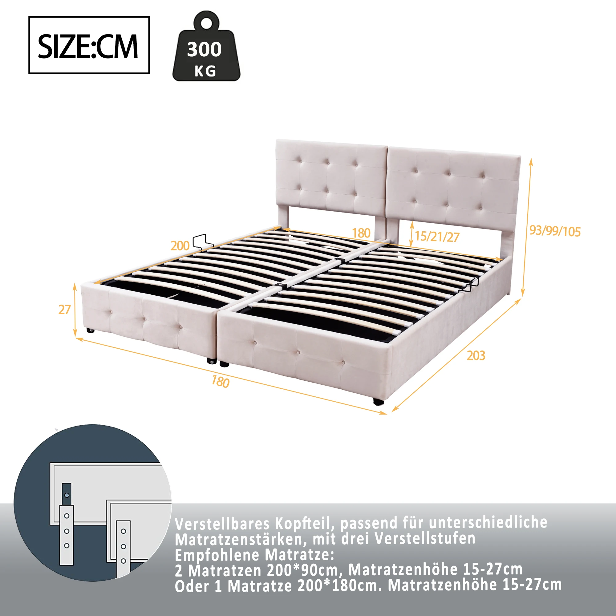 KOMHTOM Multifunktionales Polsterbett Doppelbett 180x200 cm aus hautfreundlichem Samtstoff mit hydraulischem Stauraum – Detail 11