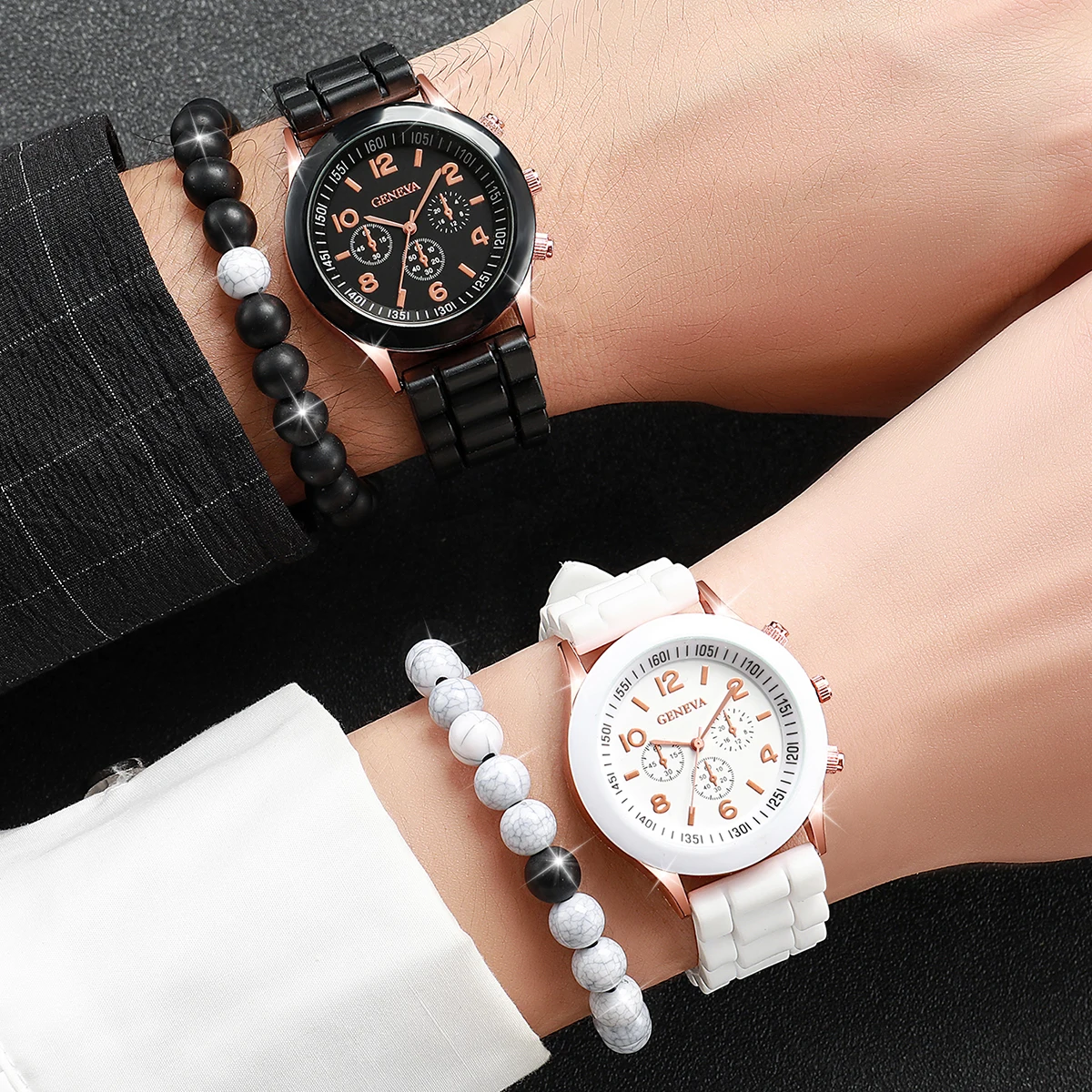 4PCS/Set Fashion Women's Watch Couple Simple Silicone Strap Quartz Watch with Black and White Bead Set