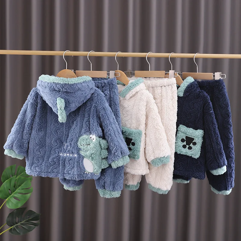 2023 Winter Baby Boy Fleece Clothes Set Cartoon Long Sleeve Hooded